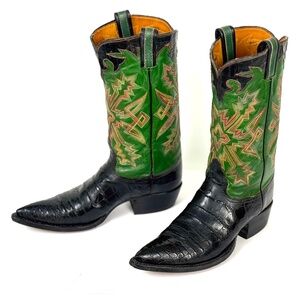 Tony Lama Vintage Crocodile Cowboy Boots - Mens 9C Black Green - White Label